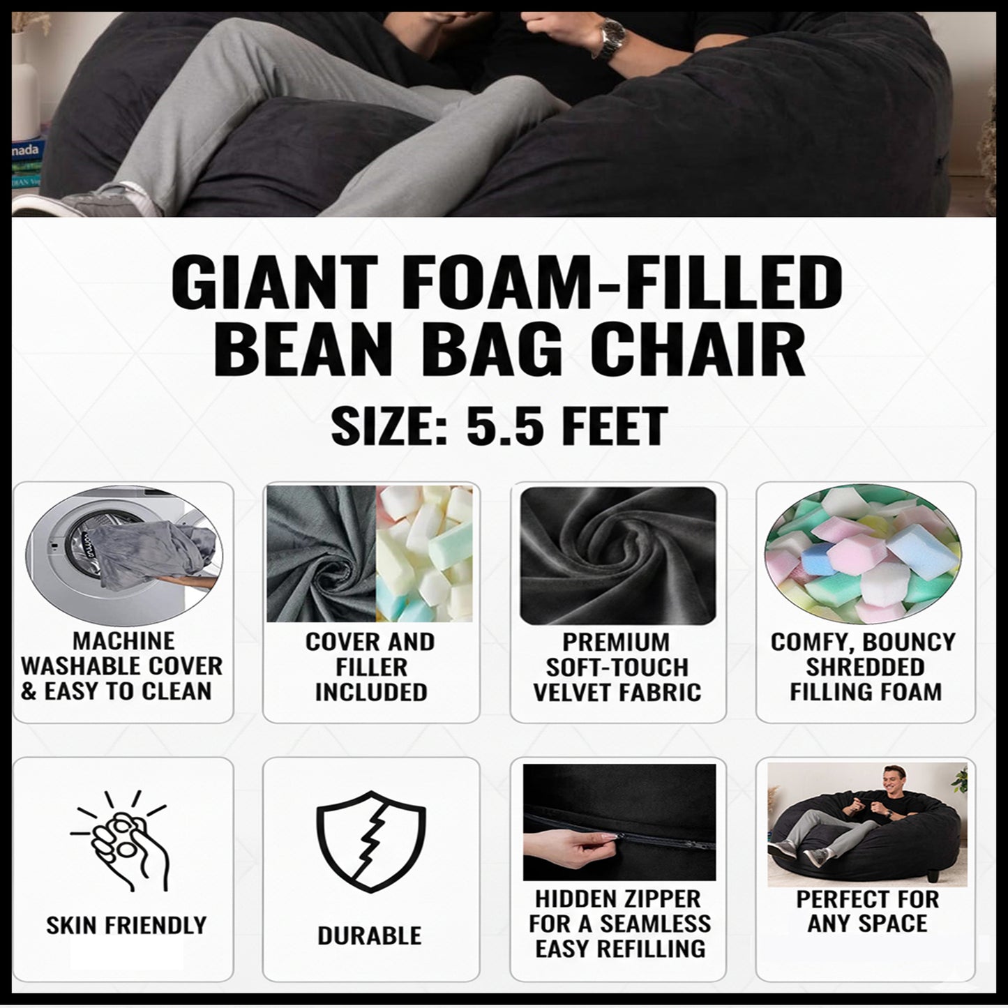 Giant Foam-Filled Bean Bag Chair - Velvet 5.5 ft (cover and filler included)