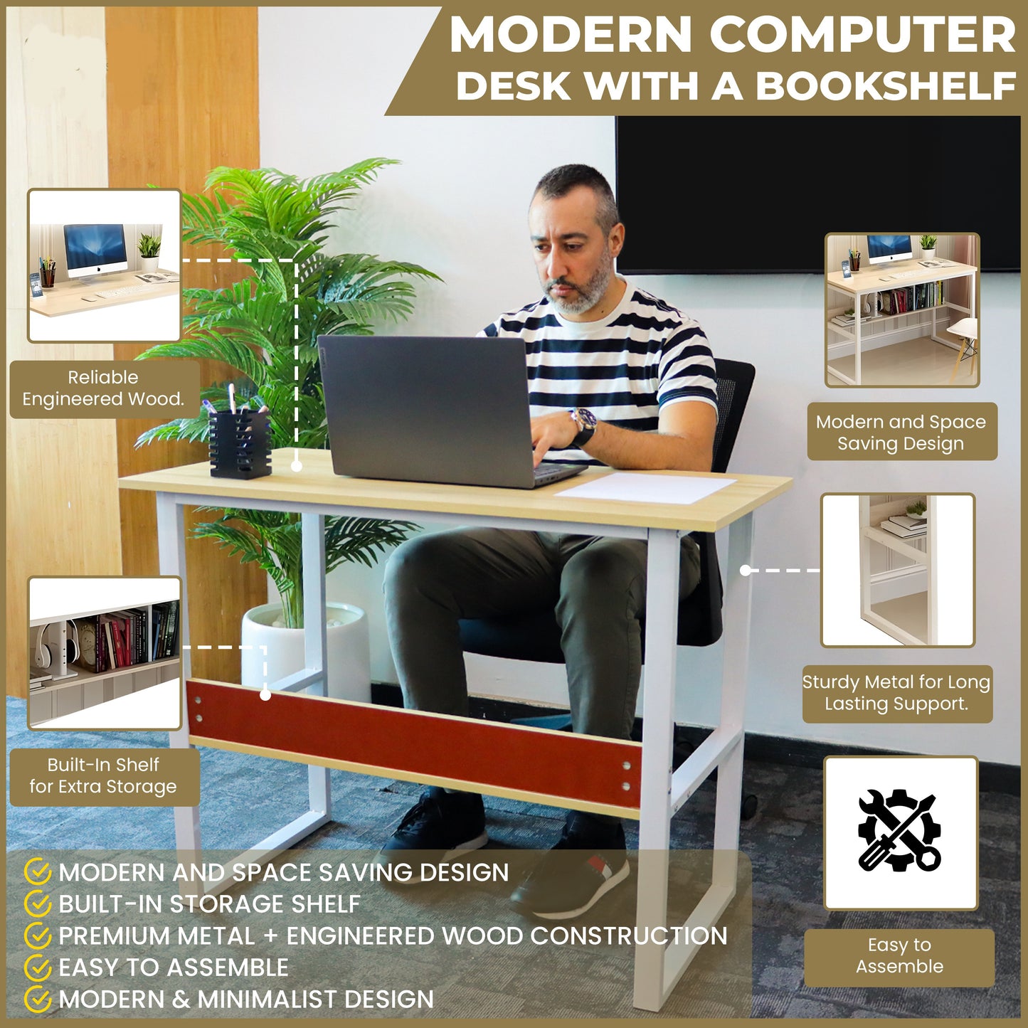 Modern Office Computer Desk with Bookshelf
