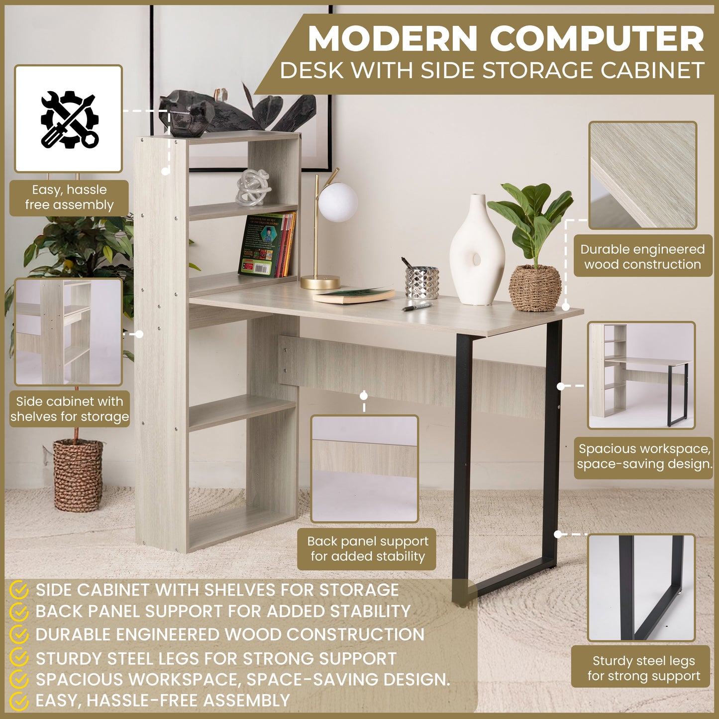 Computer Office Desk with Side Storage Cabinet