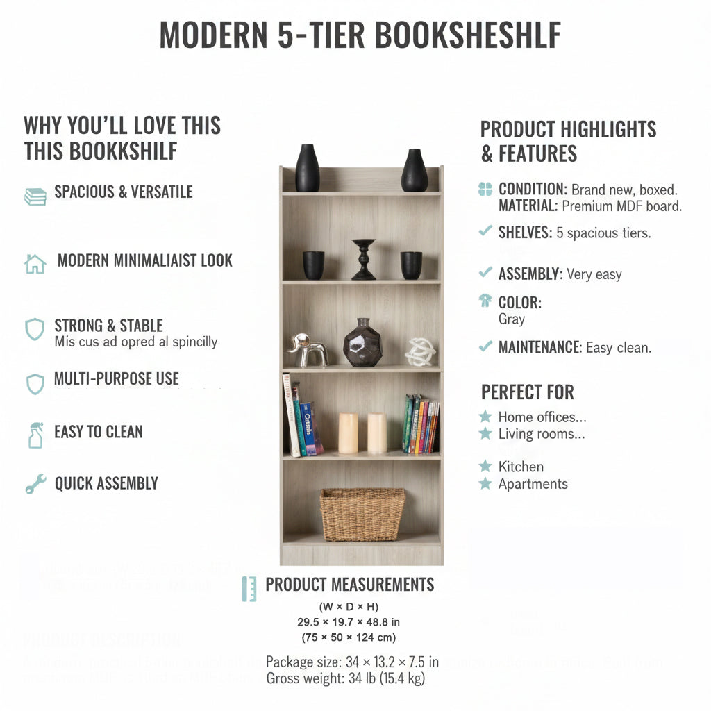 Bibliothèque moderne robuste à 5 étagères