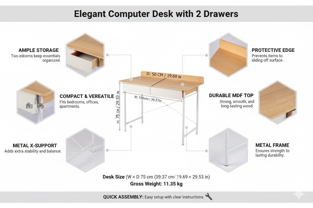Elegant Computer Desk with 2 Drawers
