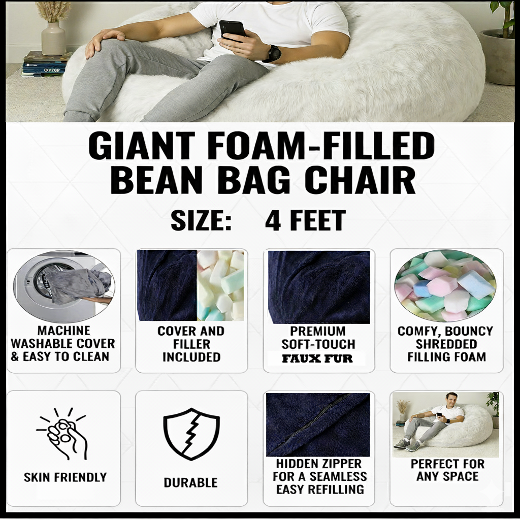 Giant Foam-Filled Bean Bag Chair - 4ft Faux Fur (cover and filler included)