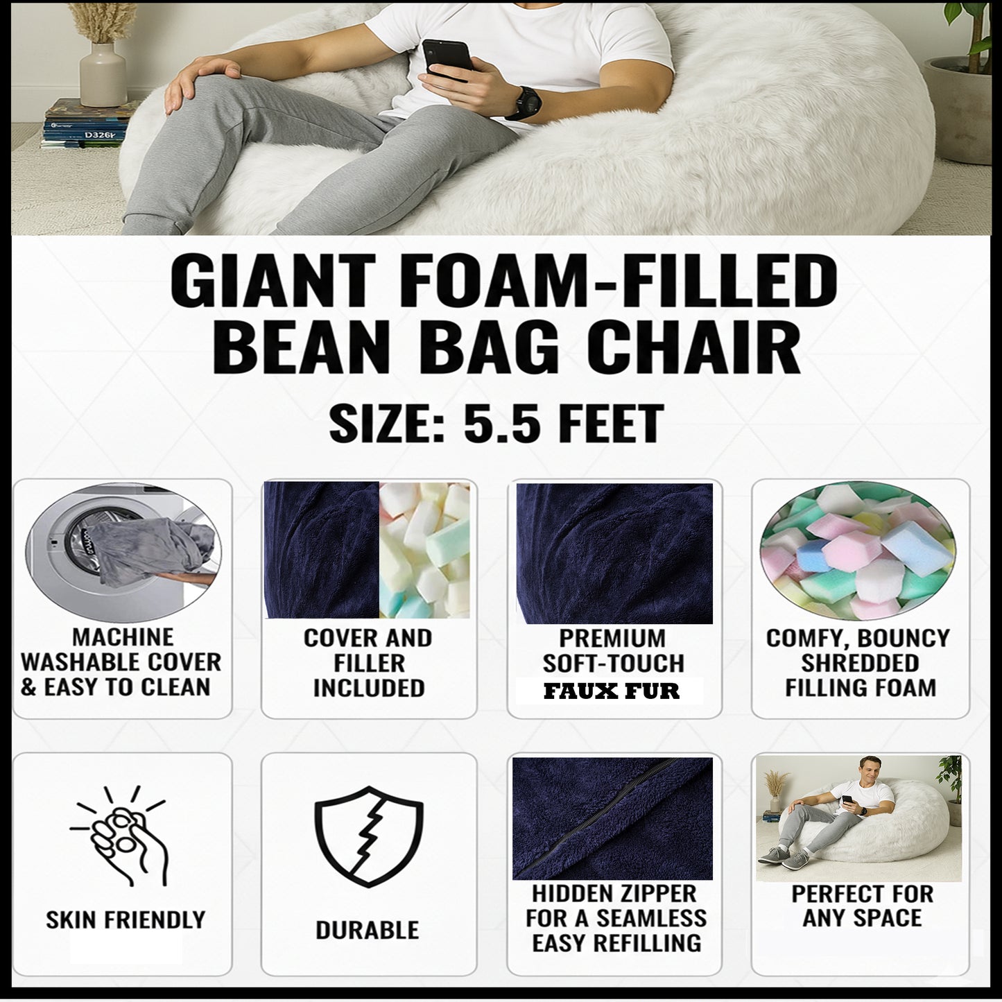Giant Foam-Filled Bean Bag Chair - Faux Fur 5.5 ft (cover and filler included)