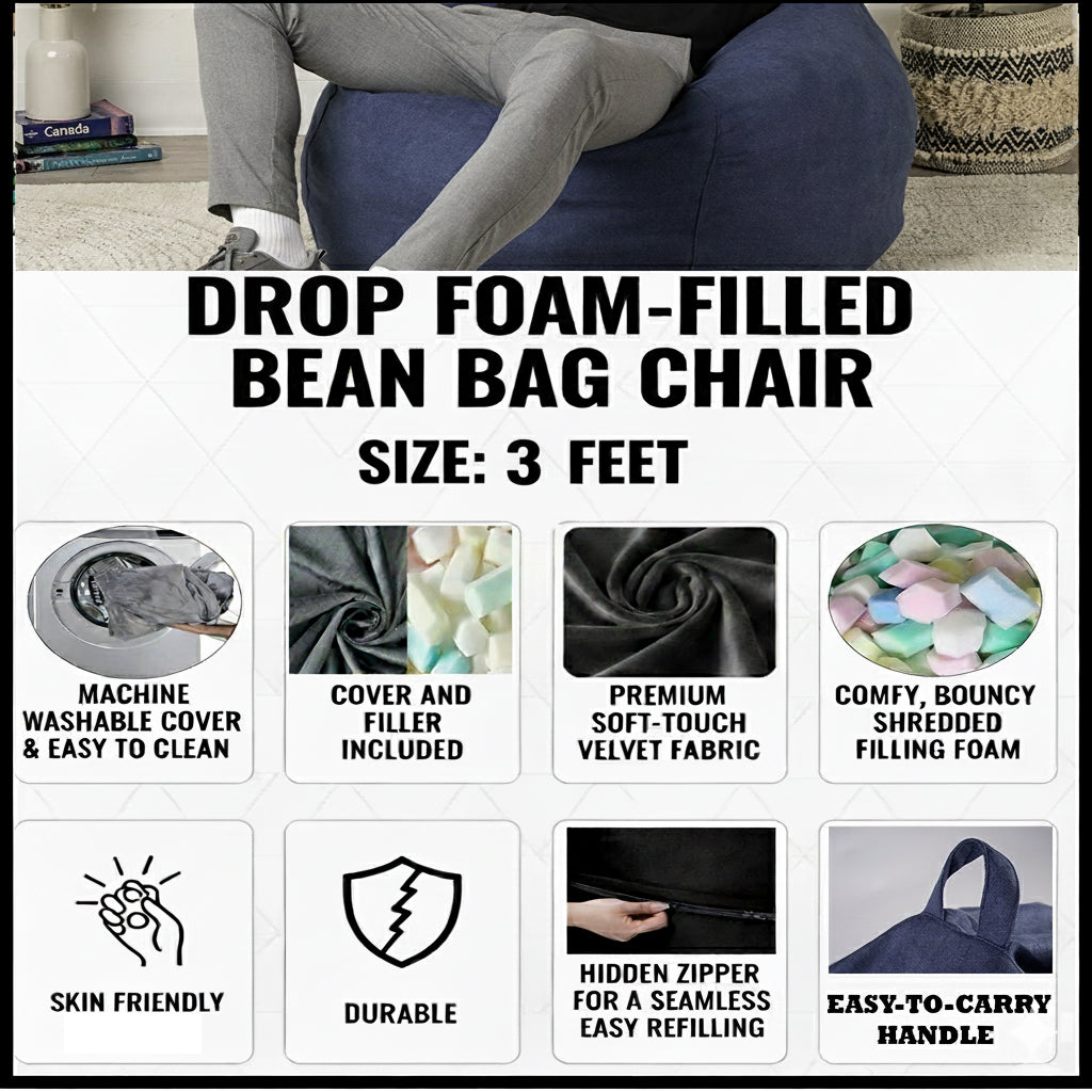 Drop-Shape Foam-Filled Bean Bag 3ft Velvet (cover and filler included)