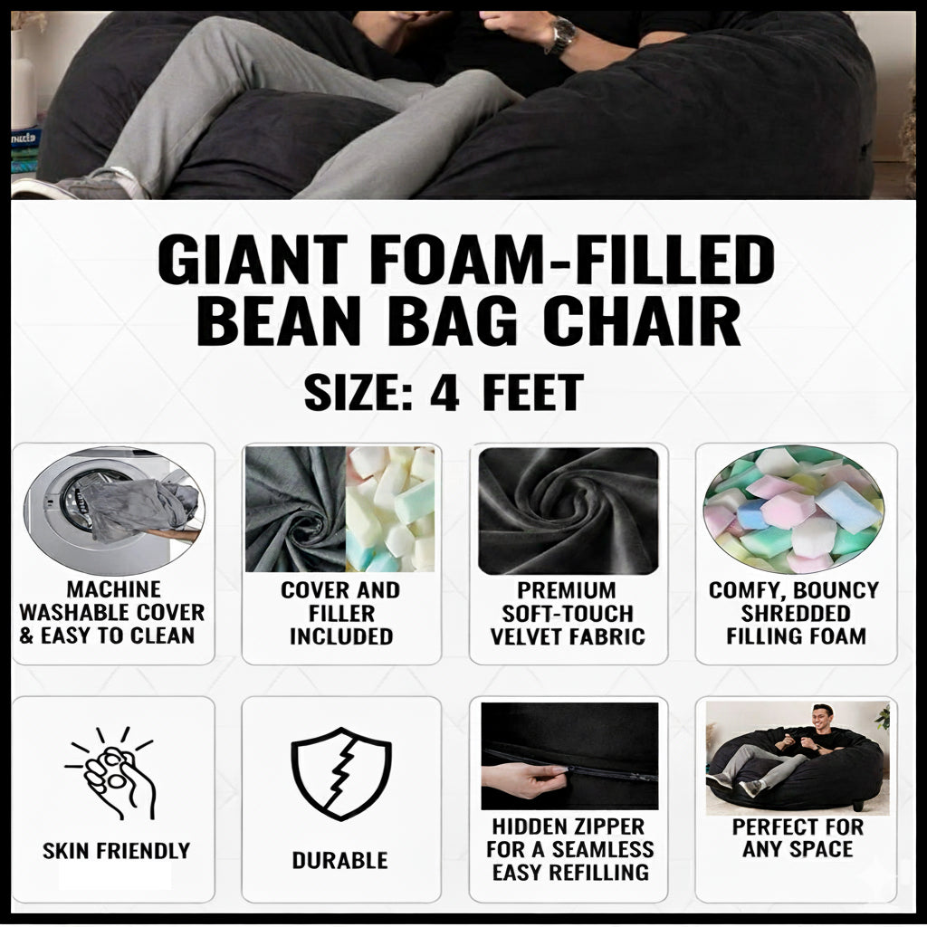 Giant Foam-Filled Bean Bag Chair - 4ft Velvet (cover and filler included)